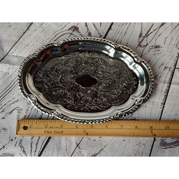 SILVER STAINLESS METAL FORAL FANCY DRINK FOOD DECORATIVE OVAL SERVING TRAY 6 X 9 - Picture 4 of 4